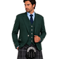 Man wearing a green argyle jacket with grey plaid kilt underneath, against a white background