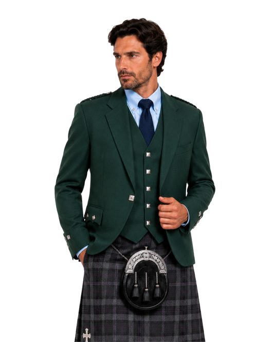 Man wearing a green argyle jacket with grey plaid kilt underneath, against a white background