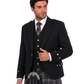 man wearing a black traditional Scottish Argyle jacket and matching waistcoat with silver square buttons along with grey tartan kilt against a white background