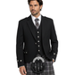 Man wearing a black traditional Scottish Argyle jacket and matching waistcoat with silver square buttons along with grey tartan kilt against a white background.