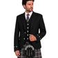 Man wearing a black Argyle Jacket with silver buttons along with grey and brown plaid kilt against white background.