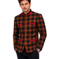Man wearing a plaid jacket with red accents on a white background