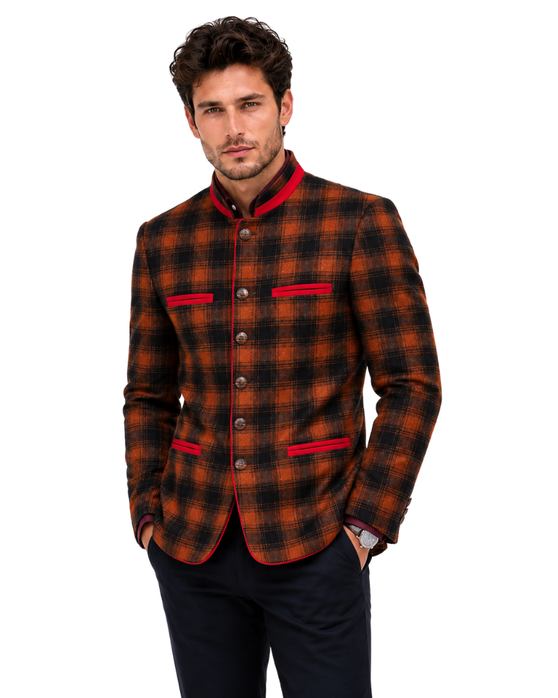 Man wearing a plaid jacket with red accents on a white background