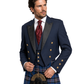 Man wearing a formal outfit with a navy jacket, red tie, and blue plaid kilt on a white background