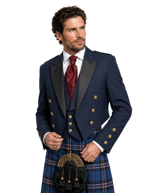 Man wearing a formal outfit with a navy jacket, red tie, and blue plaid kilt on a white background