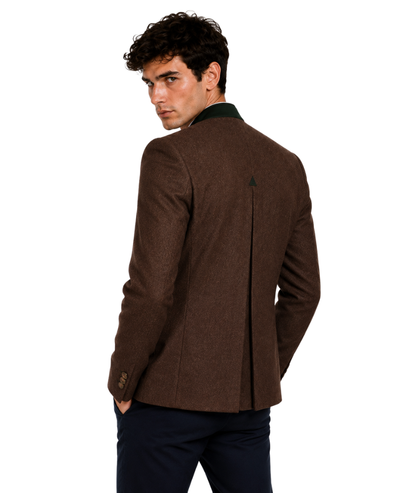 Man wearing a brown jacket on a white background