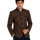Man wearing a brown blazer with black accents on a white background