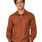 Man wearing a brown long-sleeve shirt with a collar on a white background
