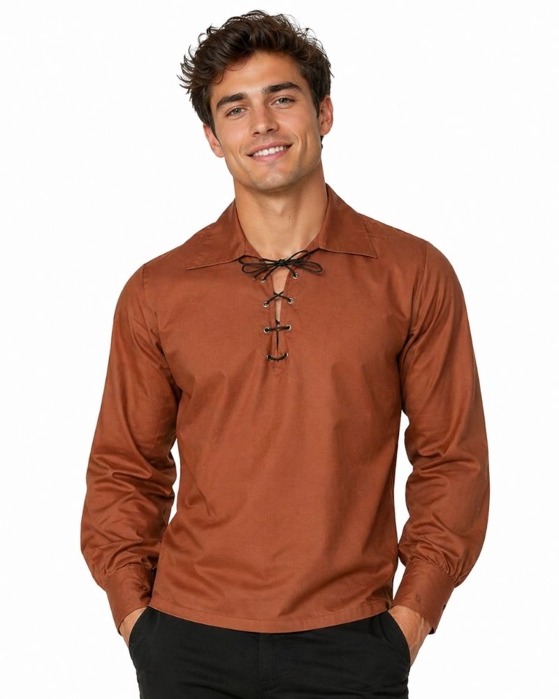 Man wearing a brown long-sleeve shirt with a collar on a white background