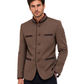 Man wearing a brown blazer with black accents on a white background