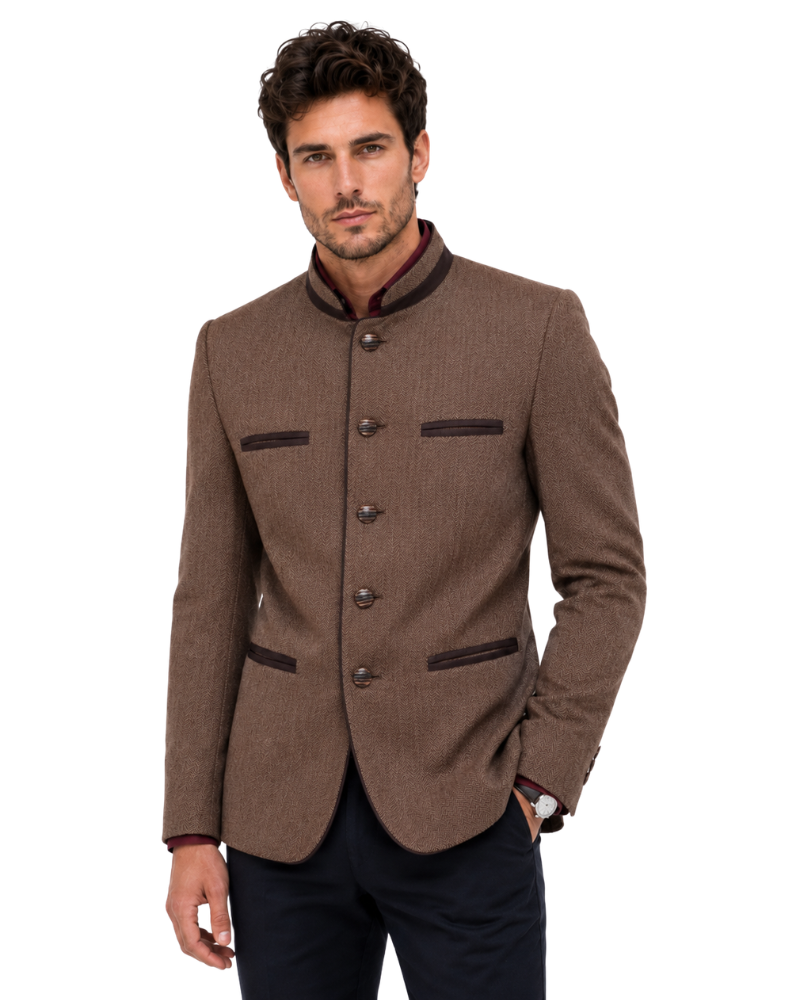 Man wearing a brown blazer with black accents on a white background