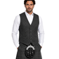 Man wearing a gray tweed kilt with a waistcoat on a white background