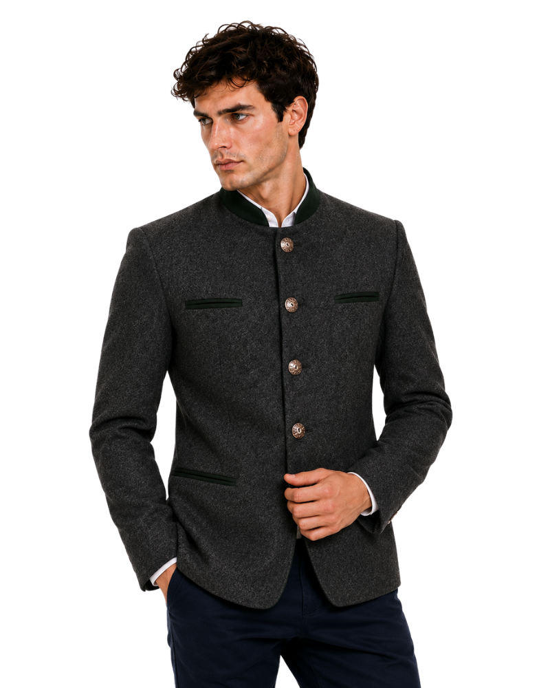 Man wearing a dark gray blazer with buttons on a white background