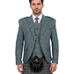 Man wearing a traditional Scottish kilt with a patterned jacket and vest on a white background