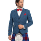 Man wearing a blue jacket, red bow tie, and plaid kilt on a white background