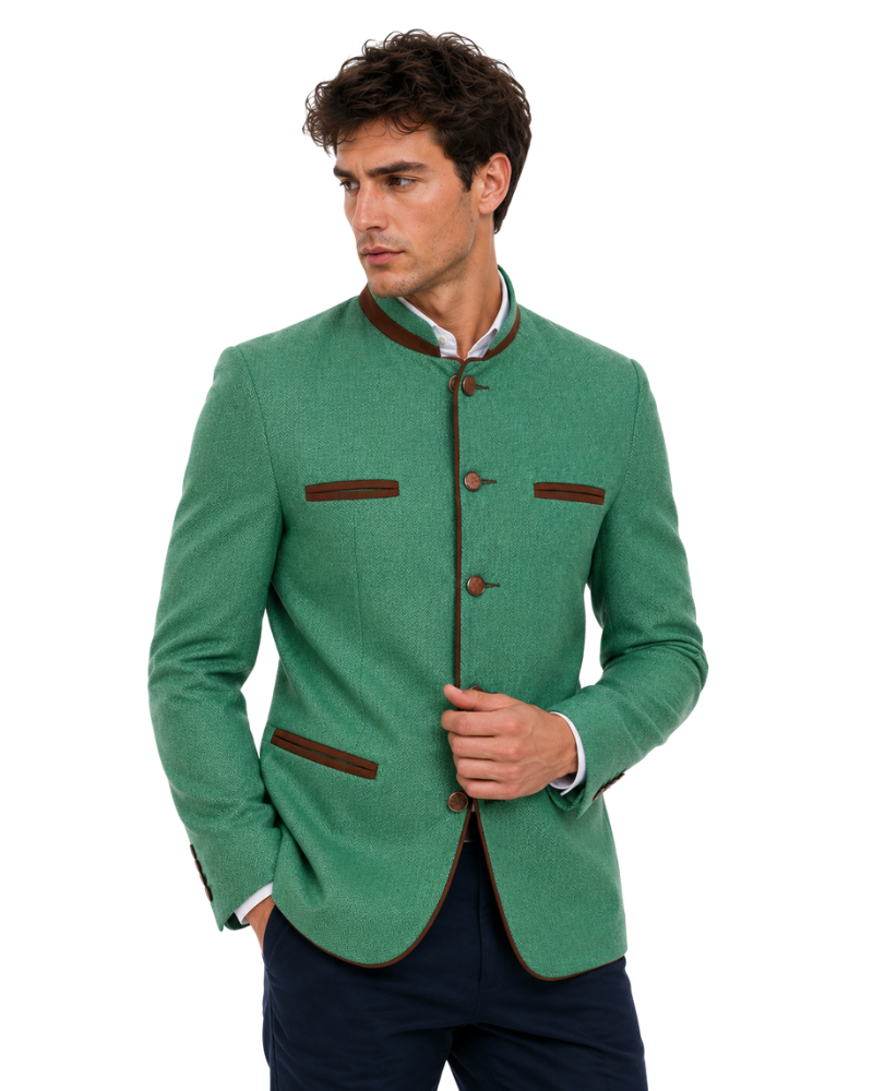 Man wearing a green jacket with brown accents on a white background