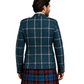 Man wearing a blue plaid jacket and red tartan kilt on a white background