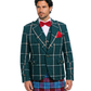 Man wearing a green checkered jacket and plaid kilt on a white background
