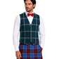Man wearing a blue plaid vest and red bow tie with a white shirt on a white background