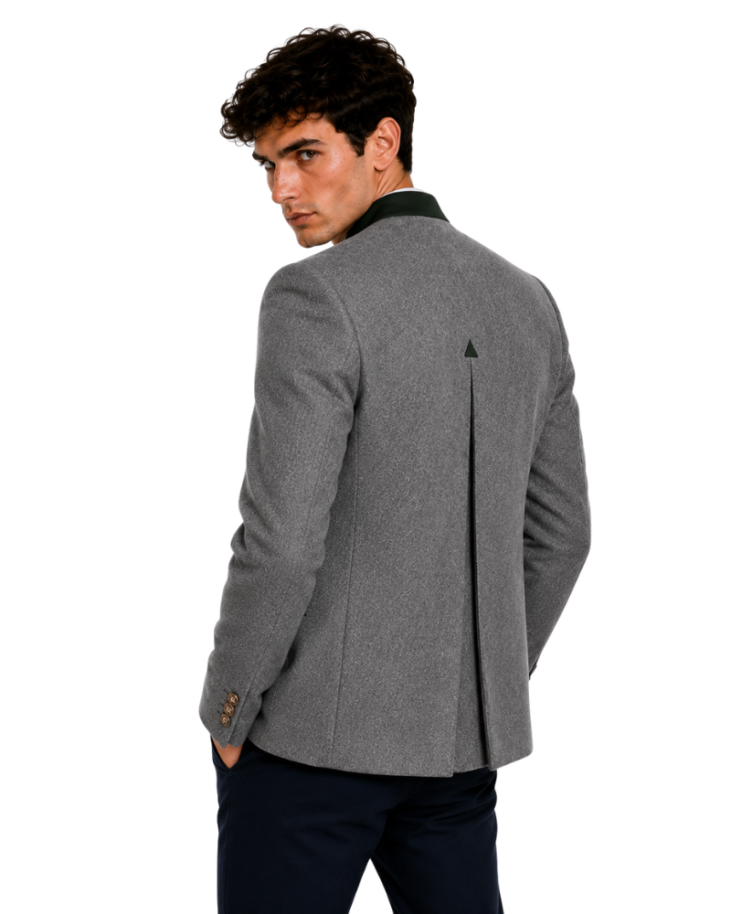 Man wearing a gray blazer on a white background