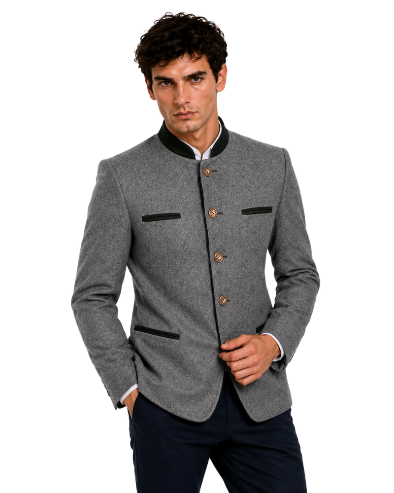 Man wearing a gray blazer with black accents on a white background