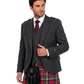 A man wearing a dark gray tweed blazer over a matching waistcoat, a white dress shirt, a burgundy tie, and a red, green, and blue tartan kilt with a black sporran bag, photographed against a plain white background.