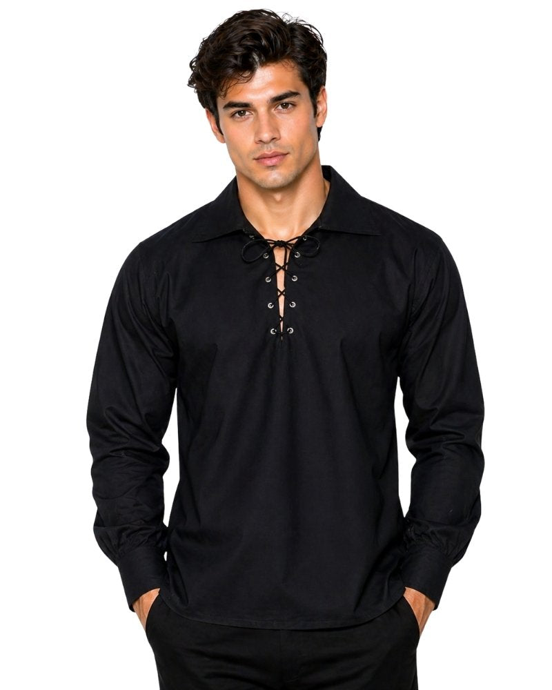 Man wearing a black long-sleeve shirt with lace-up details on a white background