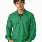 Man wearing a green long-sleeve shirt with lace-up front on a white background