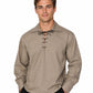 Man wearing a beige long-sleeve shirt with lace-up details on a white background