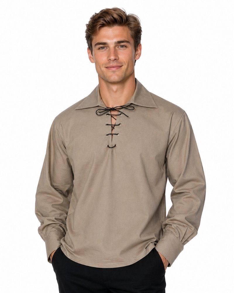 Man wearing a beige long-sleeve shirt with lace-up details on a white background