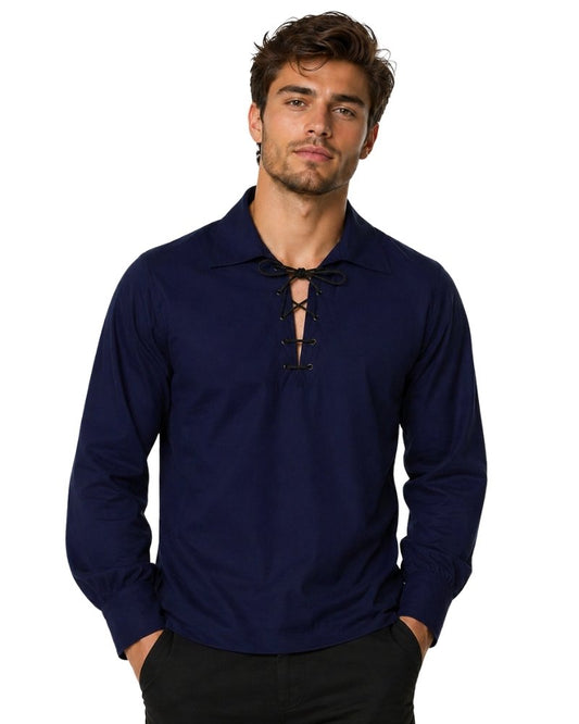 Man wearing a navy blue long-sleeve shirt with lace-up front design on a white background