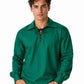Man wearing a green long-sleeve shirt with a collar on a white background