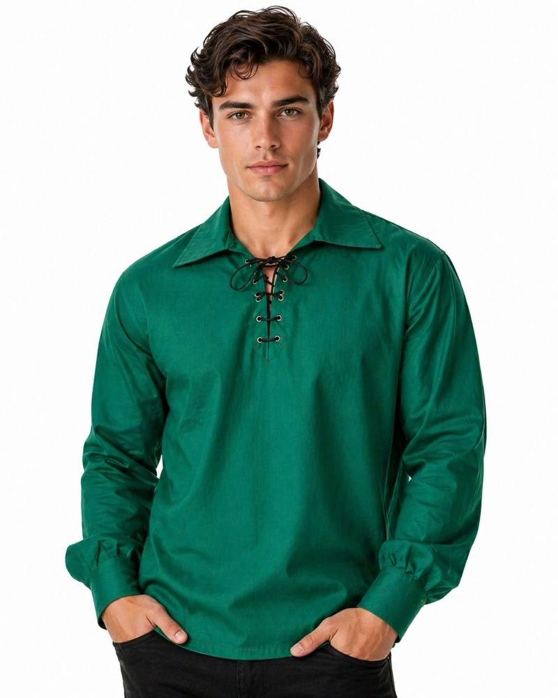 Man wearing a green long-sleeve shirt with a collar on a white background