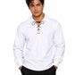 Man wearing a white shirt with black lace details on a white background