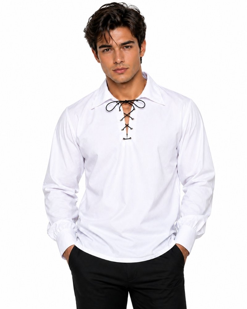 Man wearing a white shirt with black lace details on a white background