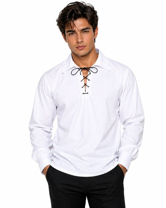 Man wearing a white shirt with black lace details on a white background