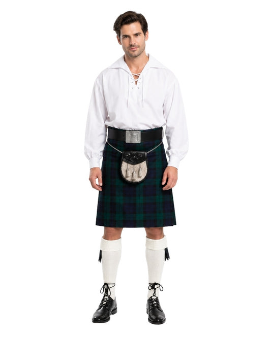 Man wearing a traditional Scottish kilt on a white background