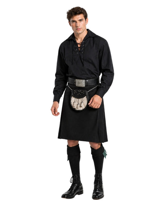 Man wearing a black kilt with a belt and boots on a white background