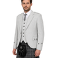 Man wearing a grey jacket with plaid kilt on a white background
