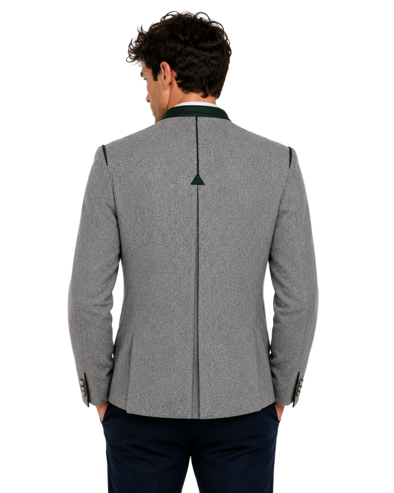 Gray blazer worn by a person on a white background