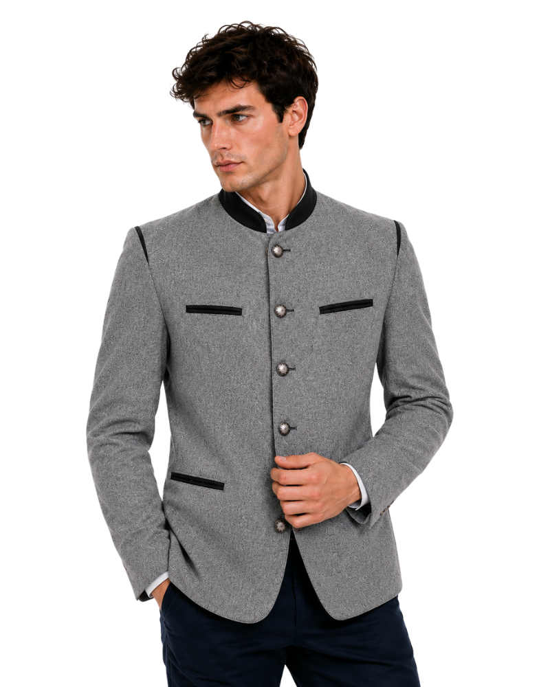Man wearing a gray blazer with black accents on a white background