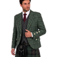 Man wearing a green blazer with plaid kilt against a white background