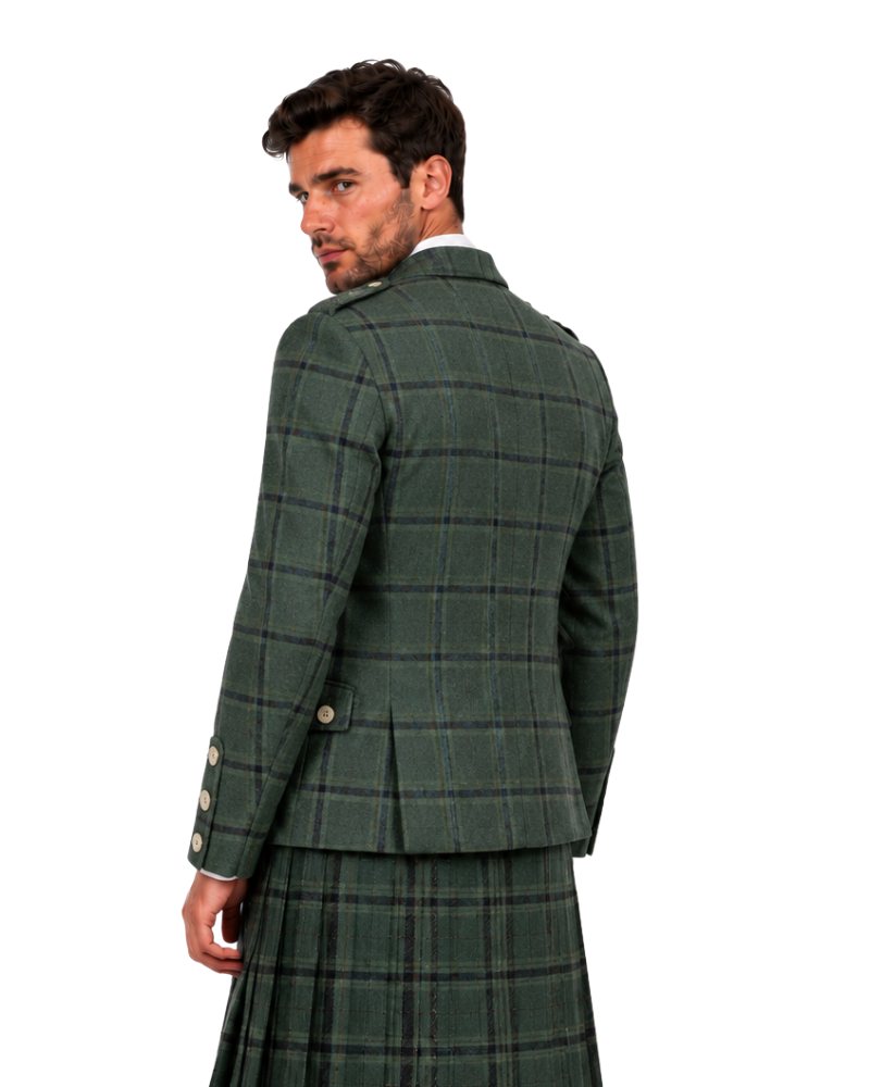 A man wearing a dark green plaid blazer and matching kilt, shown from a three-quarters back view against a plain white background.