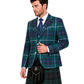 A man wearing a green tartan kilt suit with a matching blazer, tie, and black sporran, photographed against a plain white background.