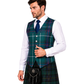 A man wearing a traditional Scottish kilt outfit, featuring a green tartan plaid waistcoat vest, matching kilt, a black sporran pouch, a white dress shirt, and a navy blue tie, set against a plain white background.