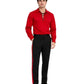 Man wearing a red shirt with lace-up details and black pants on a white background