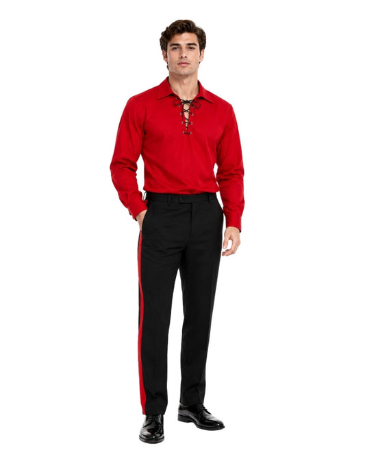 Man wearing a red shirt with lace-up details and black pants on a white background
