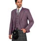 Man wearing a traditional Scottish outfit with a purple jacket, vest, and kilt on a white background.