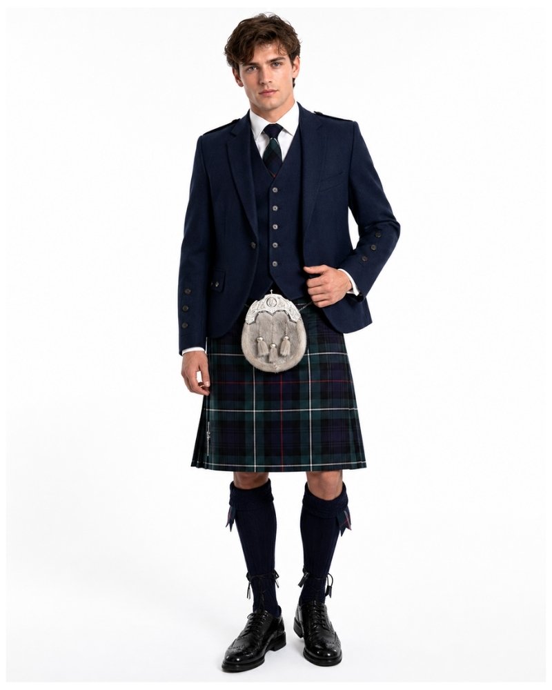 Man wearing a traditional Scottish kilt with a white background