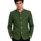 Man wearing a green jacket with buttons on a white background